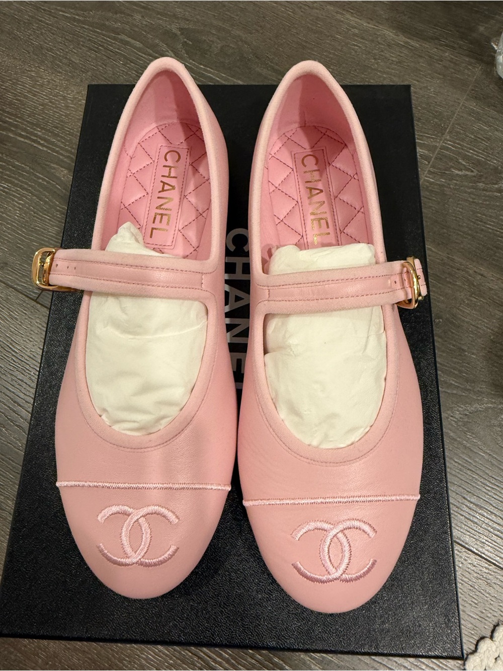 CHANEL 24S Light Pink Lambskin Mary Jane Ballet Flats